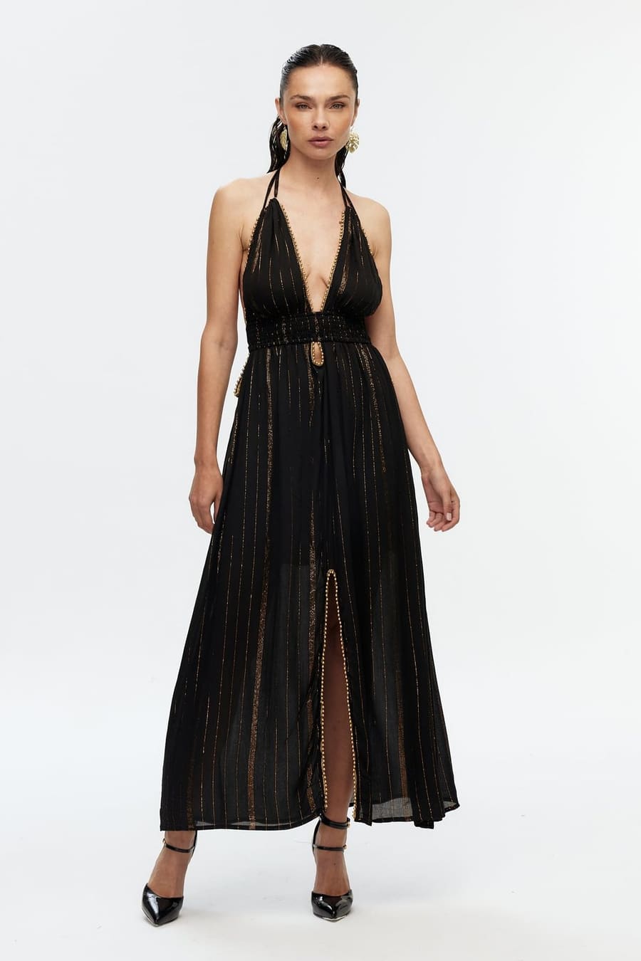 Boncuk Şeritli Halter Maxi Elbise 1
