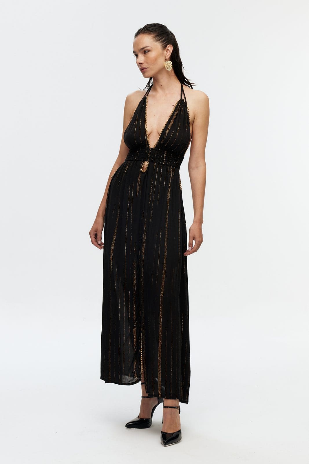 Boncuk Şeritli Halter Maxi Elbise