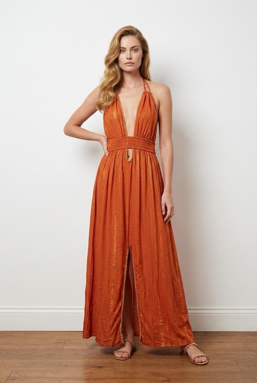 Boncuk Şeritli Halter Maxi Elbise