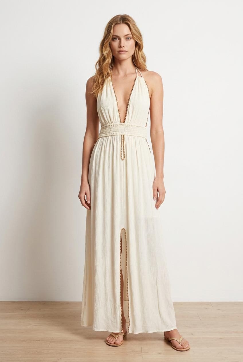 Boncuk Şeritli Halter Maxi Elbise