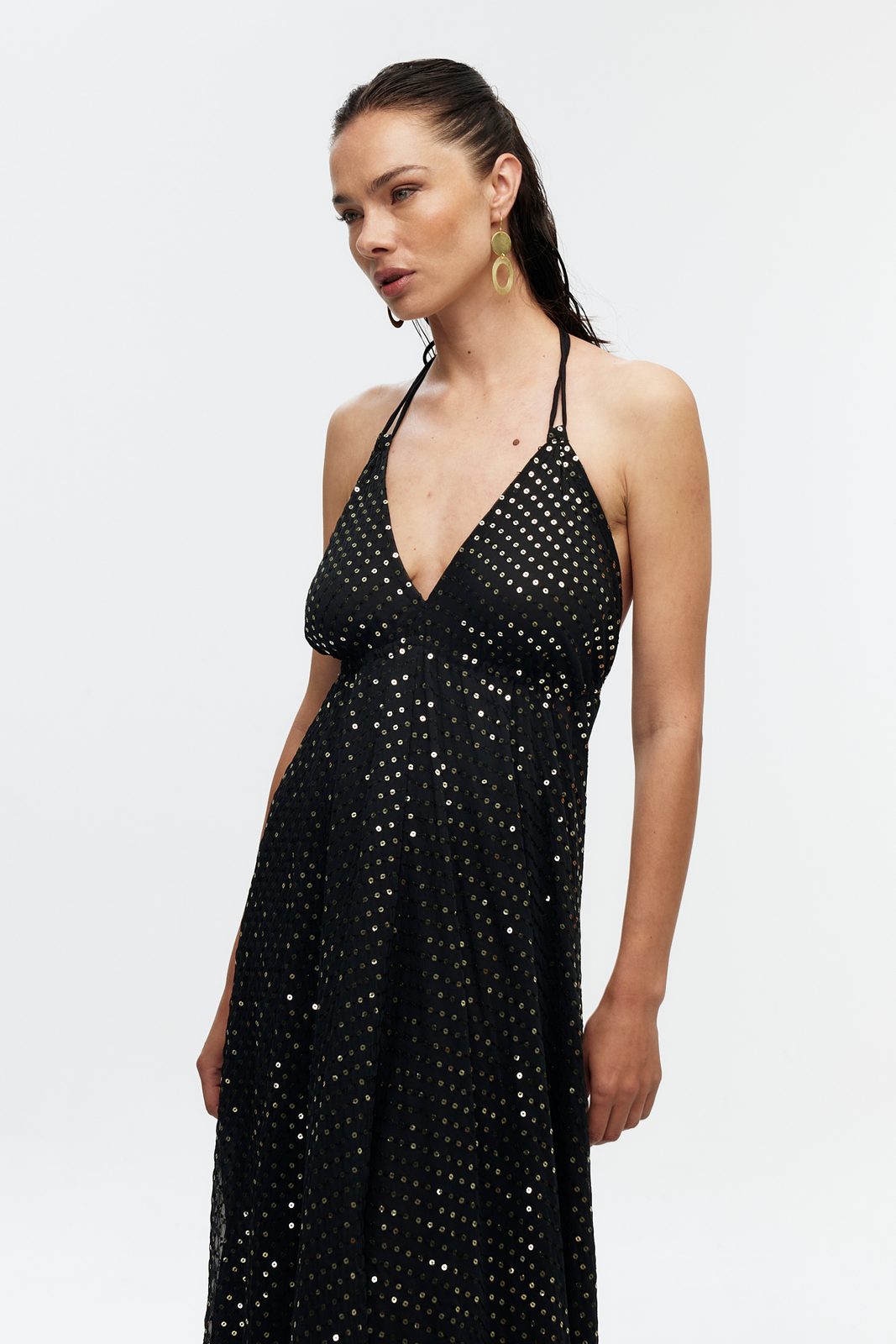 Puantiyeli Halter Şifon Maxi Elbise