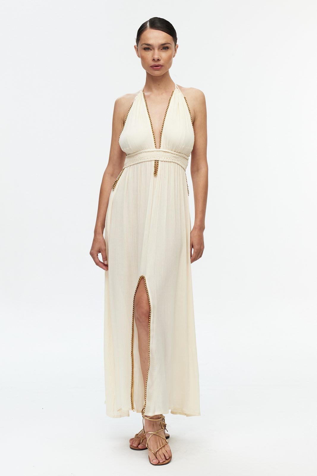 Boncuk Şeritli Halter Maxi Elbise