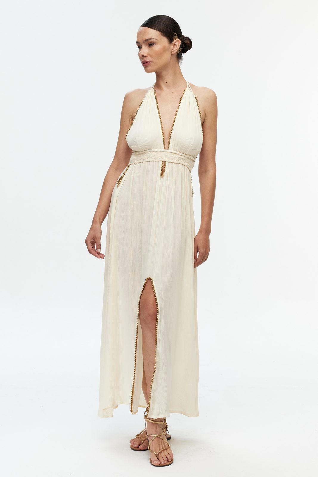 Boncuk Şeritli Halter Maxi Elbise