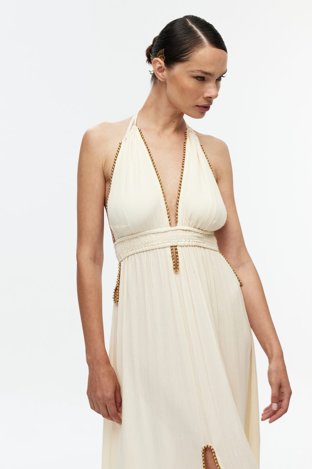 Boncuk Şeritli Halter Maxi Elbise