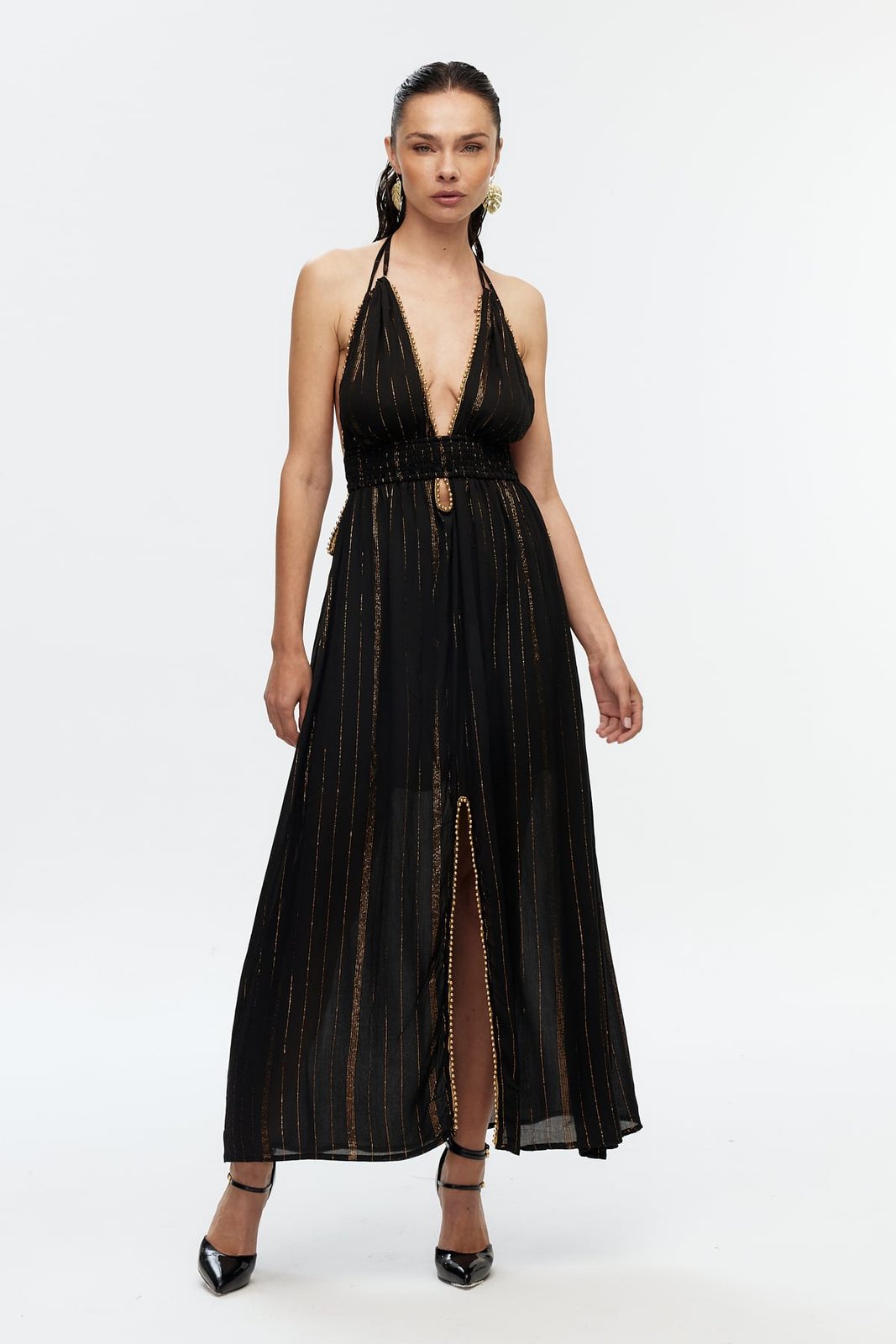 Boncuk Şeritli Halter Maxi Elbise
