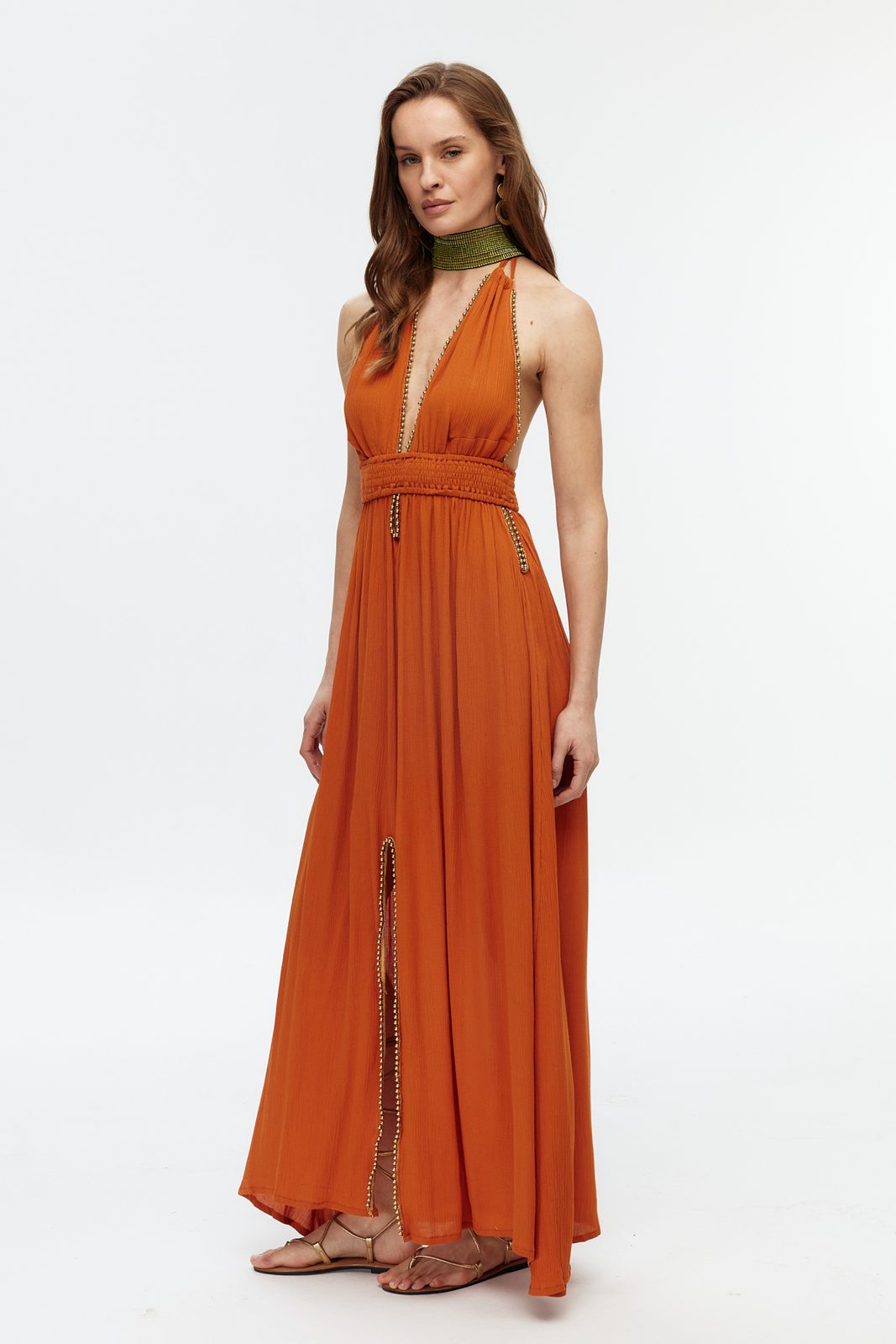 Boncuk Şeritli Halter Maxi Elbise 4