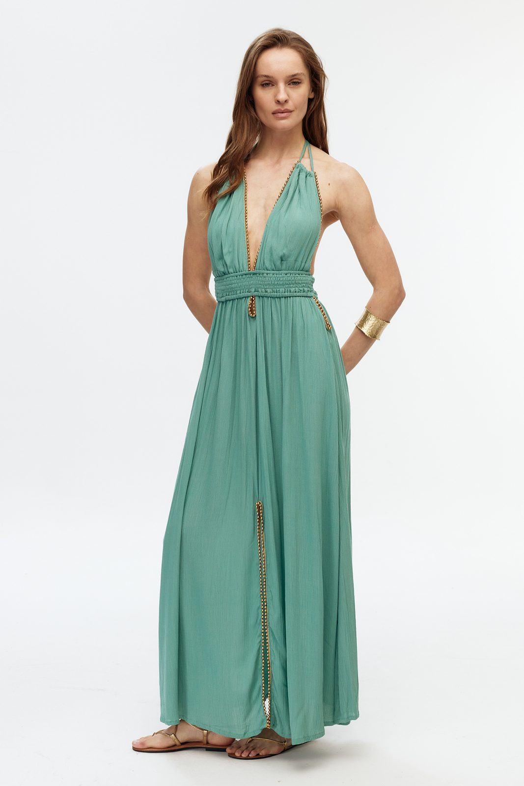 Boncuk Şeritli Halter Maxi Elbise