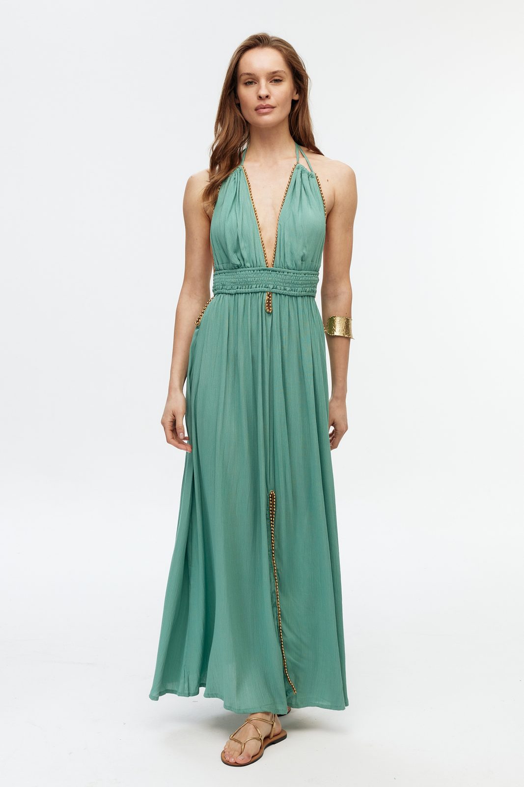 Boncuk Şeritli Halter Maxi Elbise