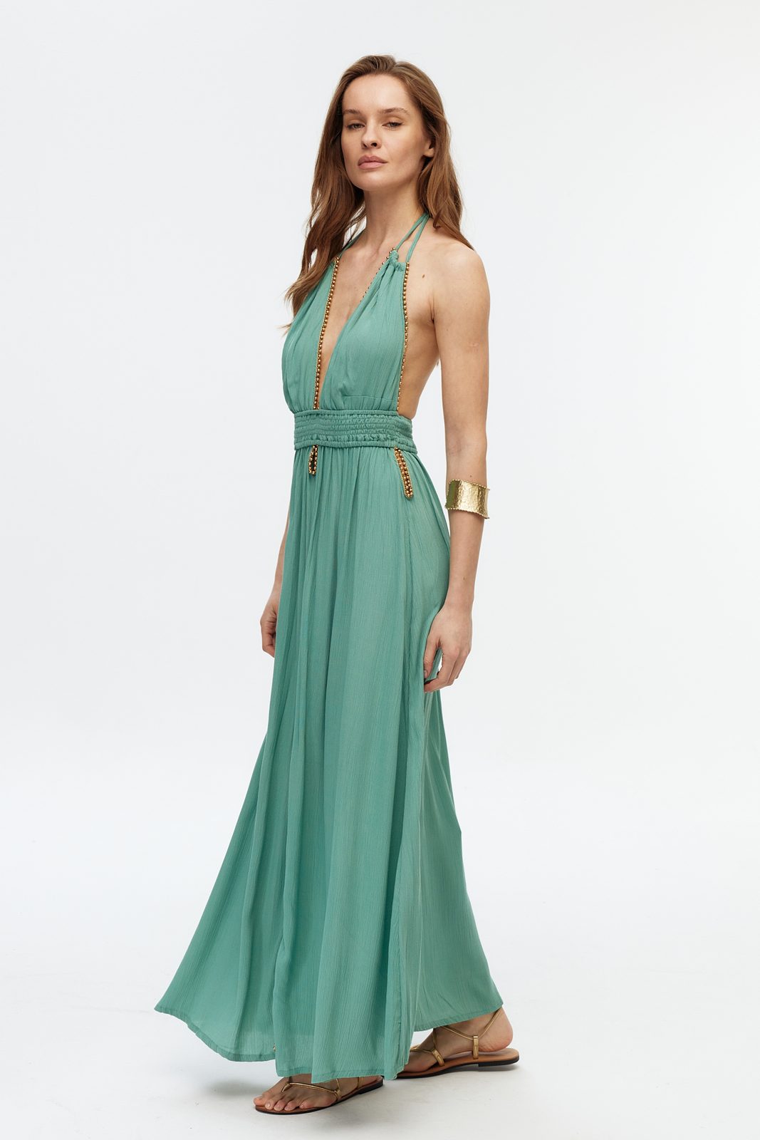 Boncuk Şeritli Halter Maxi Elbise