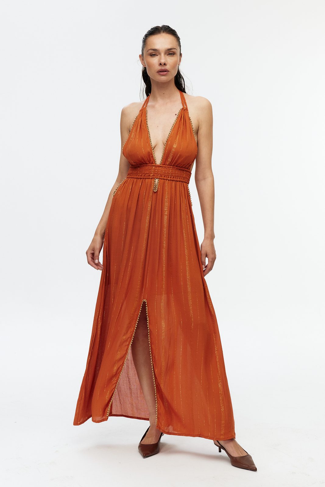 Boncuk Şeritli Halter Maxi Elbise 2
