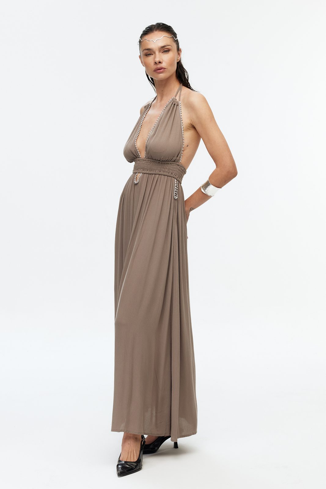 Boncuk Şeritli Halter Maxi Elbise