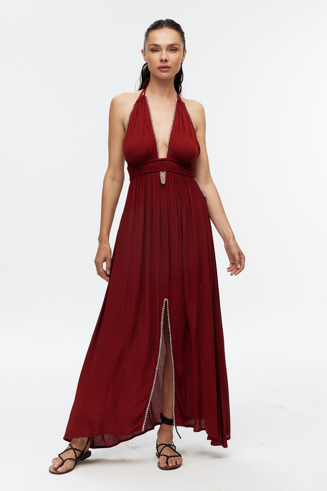 Boncuk Şeritli Halter Maxi Elbise