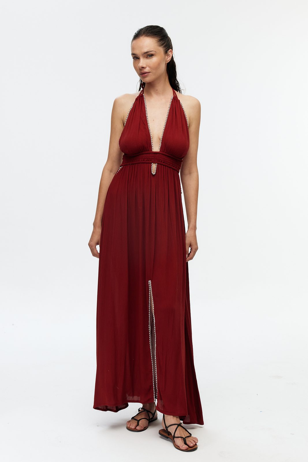Boncuk Şeritli Halter Maxi Elbise
