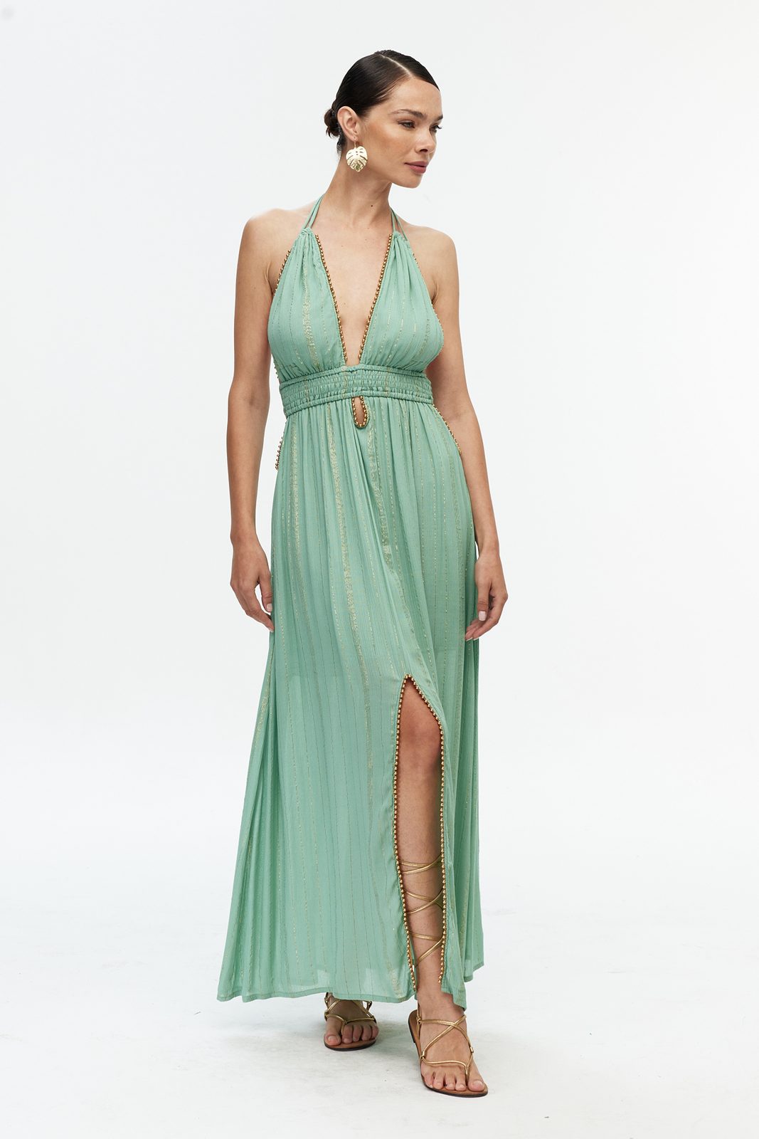 Boncuk Şeritli Halter Maxi Elbise