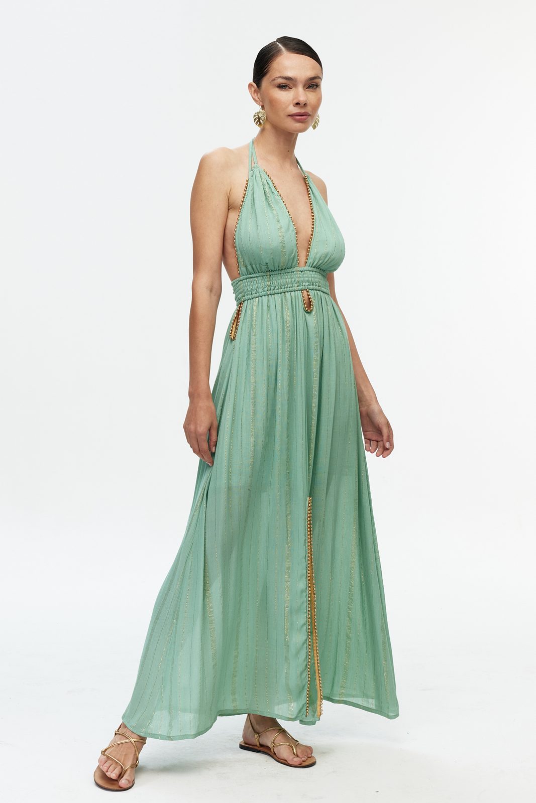 Boncuk Şeritli Halter Maxi Elbise