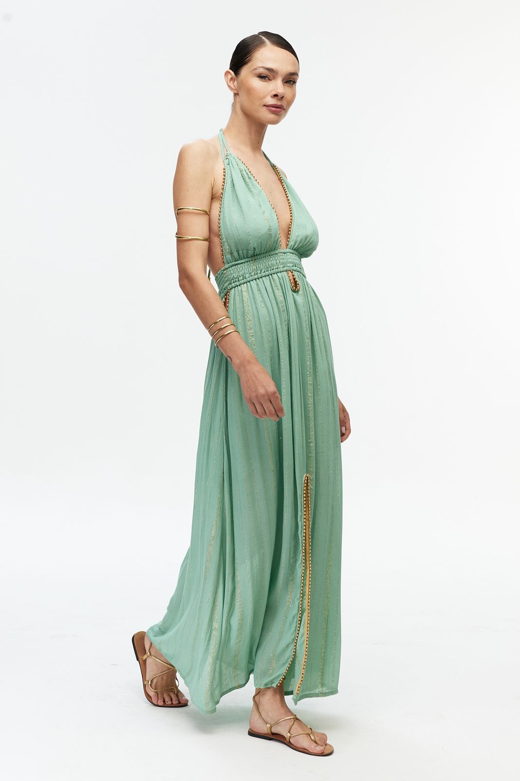 Boncuk Şeritli Halter Maxi Elbise