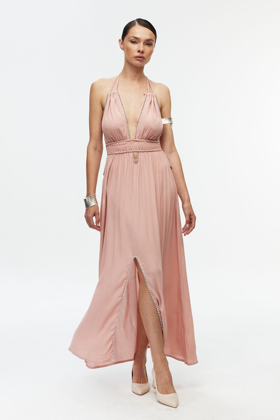 Boncuk Şeritli Halter Maxi Elbise