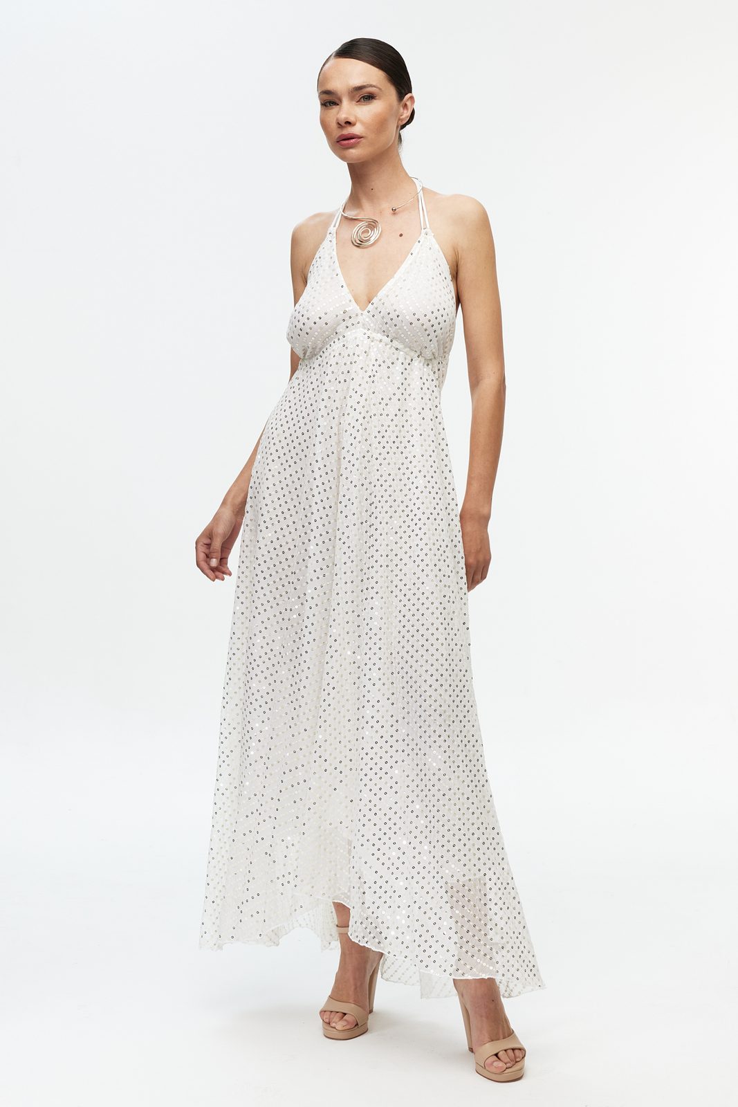Puantiyeli Halter Şifon Maxi Elbise 4