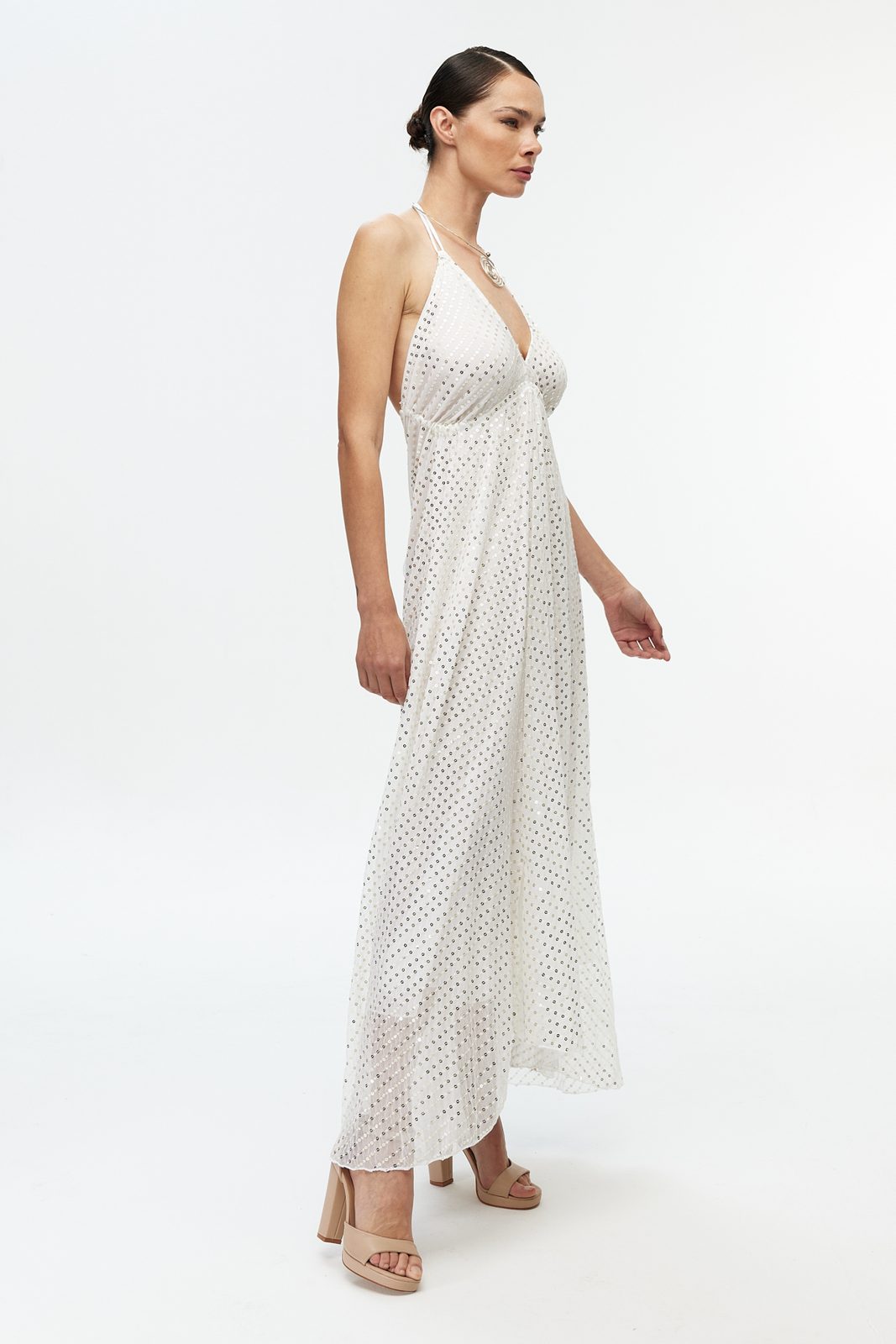 Puantiyeli Halter Şifon Maxi Elbise 5